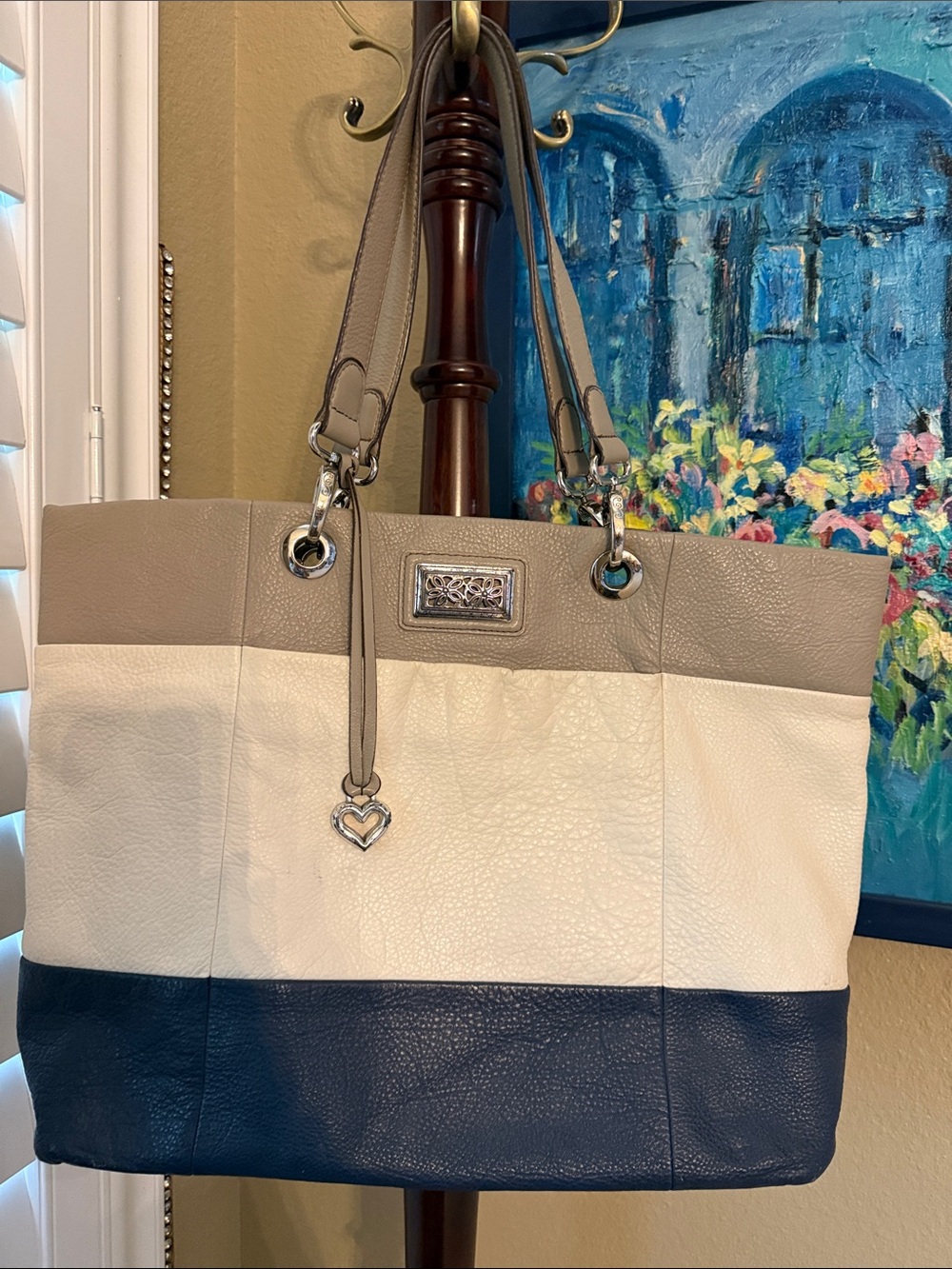 Brighton Tri-Block Leather Tote in Taupe, Ivory and Navy